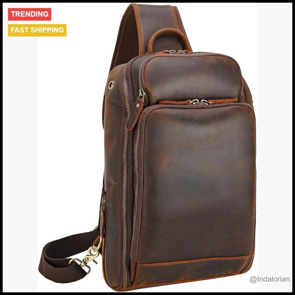 Modern Sling Shoulder Bag Daypack Full Grain Leather Travel Hiking Casual